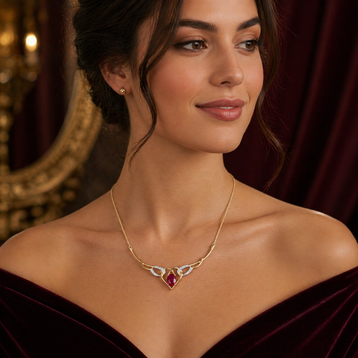 Ruby Heart Necklace With Natural Diamond Yellow Gold 16.5" 42cm Length Chain