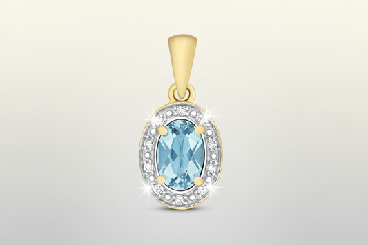 Blue Topaz and Diamond Pendant Yellow Gold Oval Real Stones