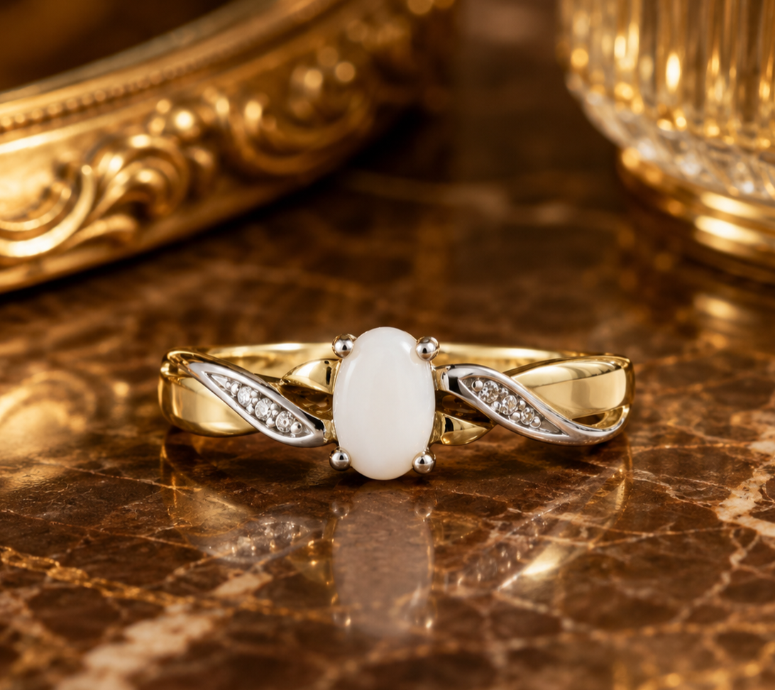 Opal & Diamond Oval Gemstone Ring Two Tone Yellow & White Gold Hallmarked