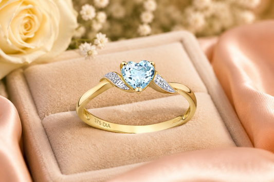 9ct Yellow Gold Heart Blue Topaz & Diamond Twist Promise Ring 375 UK Hallmark