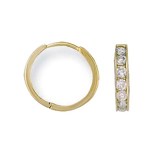 Yellow Gold Huggie Hoop Earrings Channel Set Zircon 15mm Hinged Hoops Hallmark