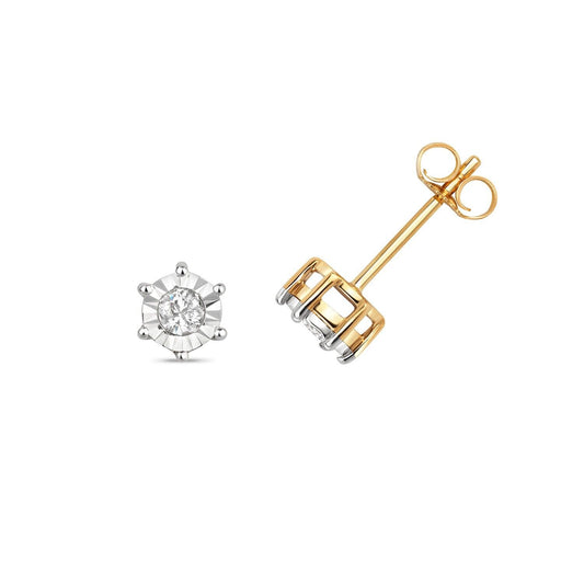 9ct Yellow Go9ld Diamond Solitaire Earrings Illusion Set 0.20ctw Real Diamonds
