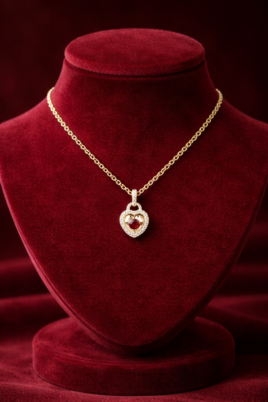 Garnet Heart Necklace With Diamond Solid Yellow Gold 18" 46cm Length Chain
