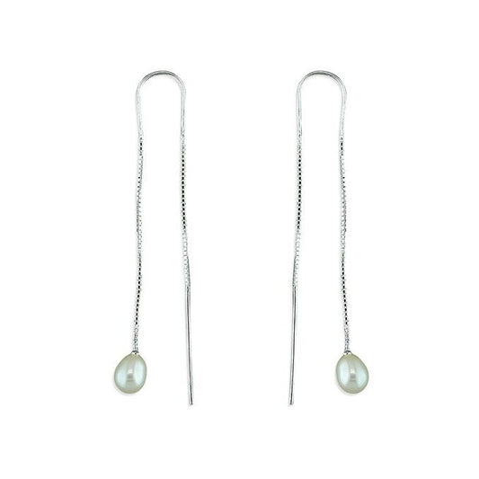 Freshwater Pearl Drop Pull-through Earrings Solid Sterling Silver 925