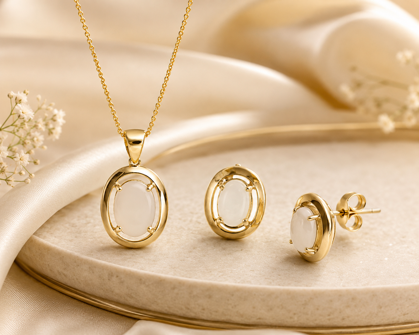 Timeless Oval Opal Pendant Necklace with Matching Earrings Yellow Gold
