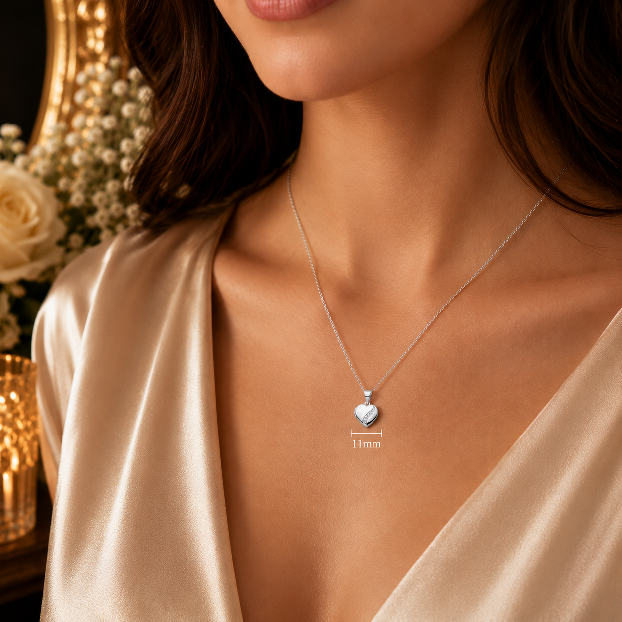 Elegant Silver Heart Locket Pendant with Natural Diamond 18" Chain 925 Hallmark