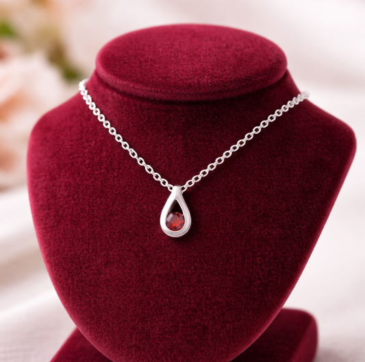 Natural Garnet Teardrop Slider Pendant Solid White Gold 18" 46cm Length Chain