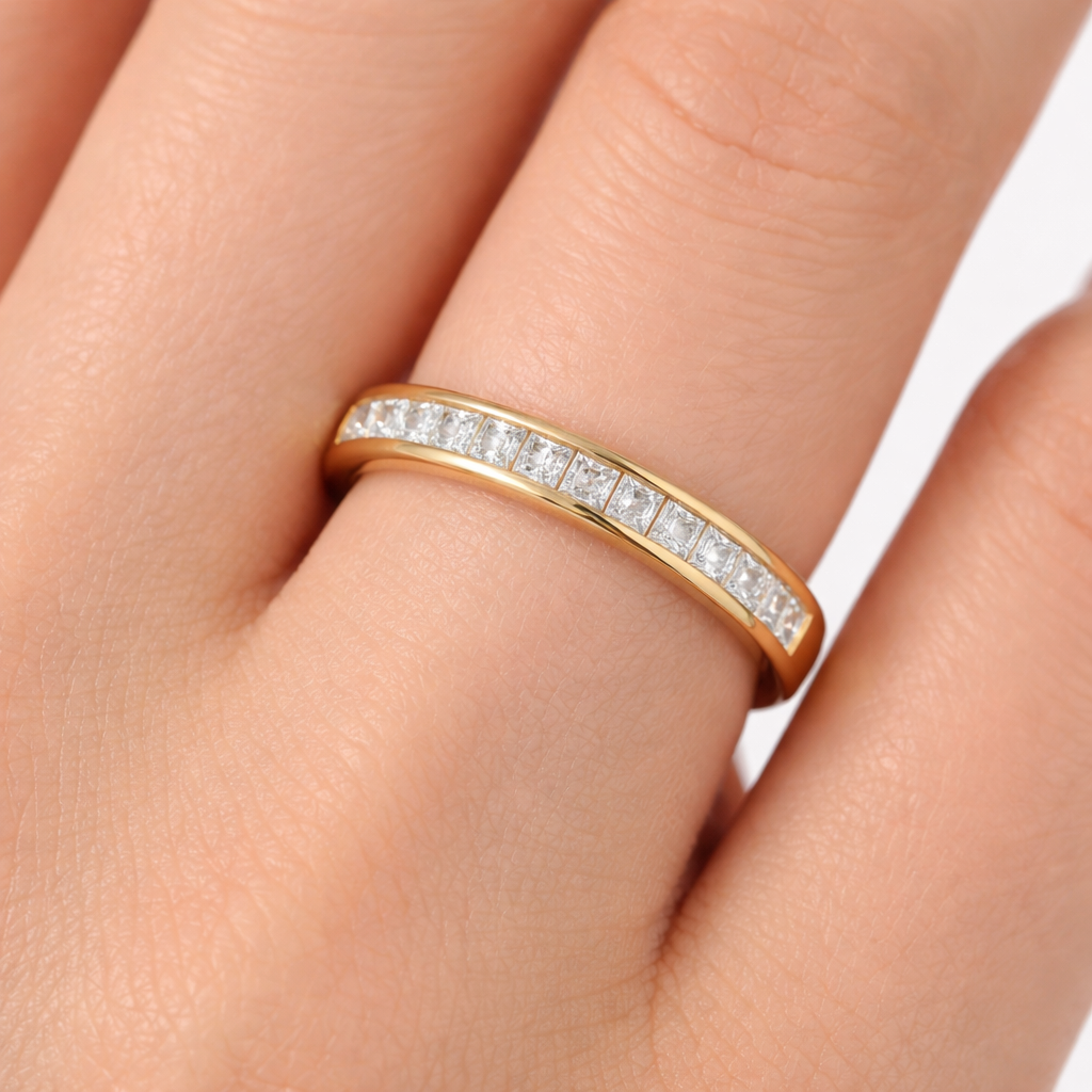 18ct Gold Princess Eternity Ring on Solid Sterling Silver 925 Hallmark
