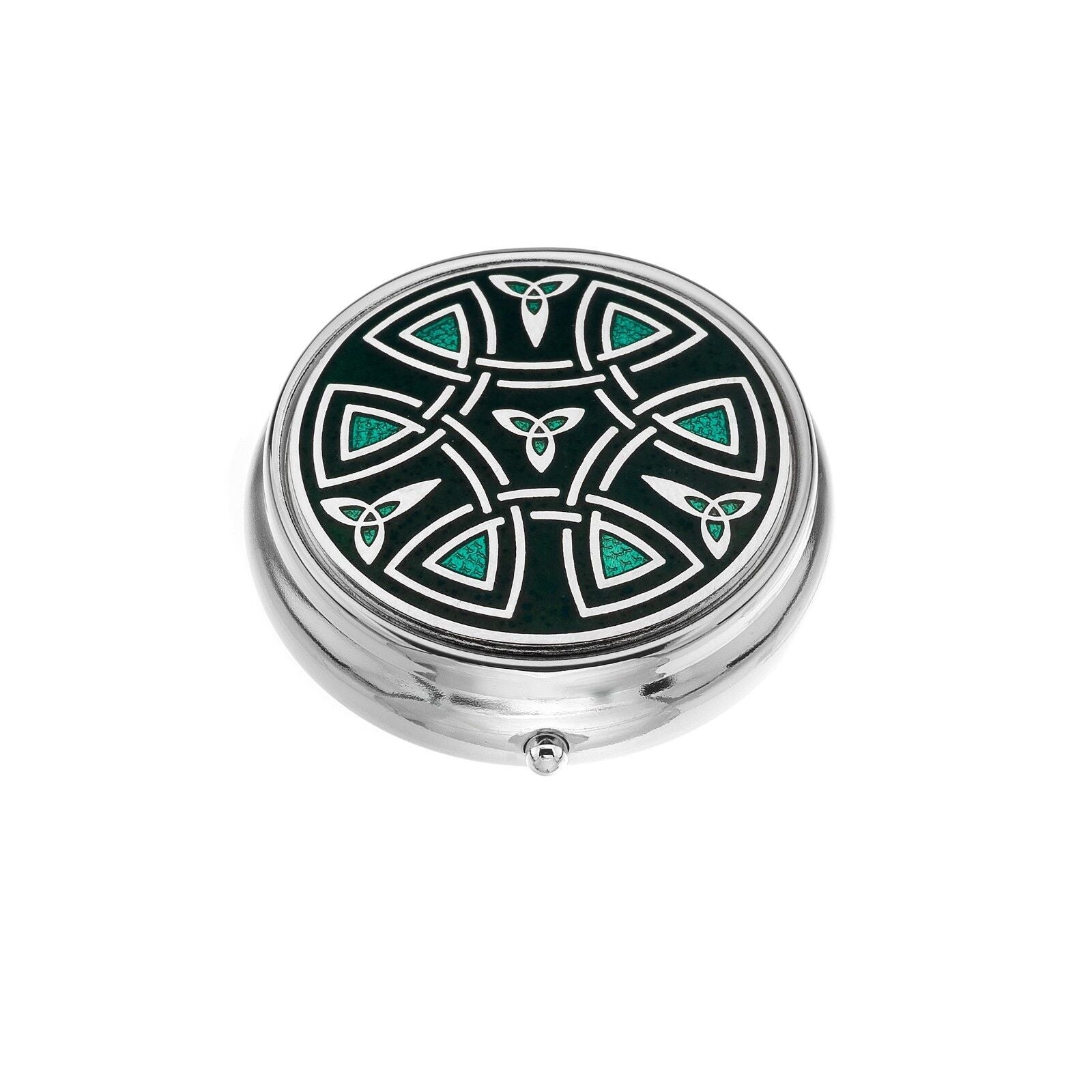 Large Pill Box Silver Plated Celtic Trinity and Coils Green Brand New & Boxed