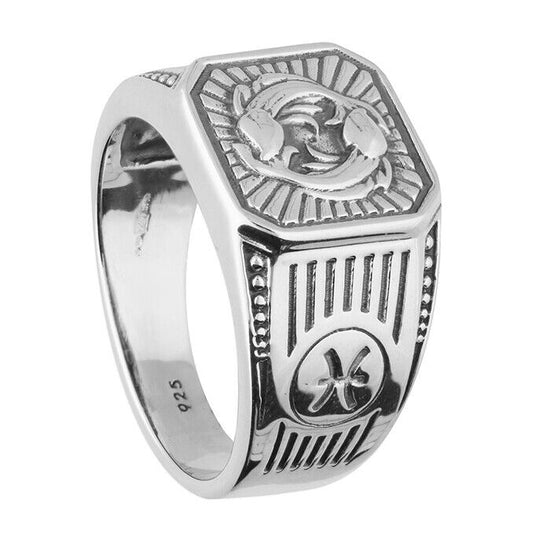 Pisces Zodiac Ring Men's Solid Sterling Silver Ring British Made