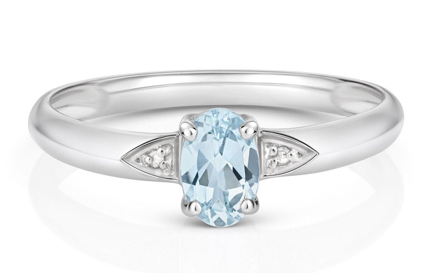 Real Aquamarine and Diamond Ring Solid 9ct White Gold Size J - Q
