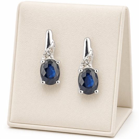 Natural Sapphire and Diamond Stud Earrings Solid 9ct White Gold Oval  Hallmarked