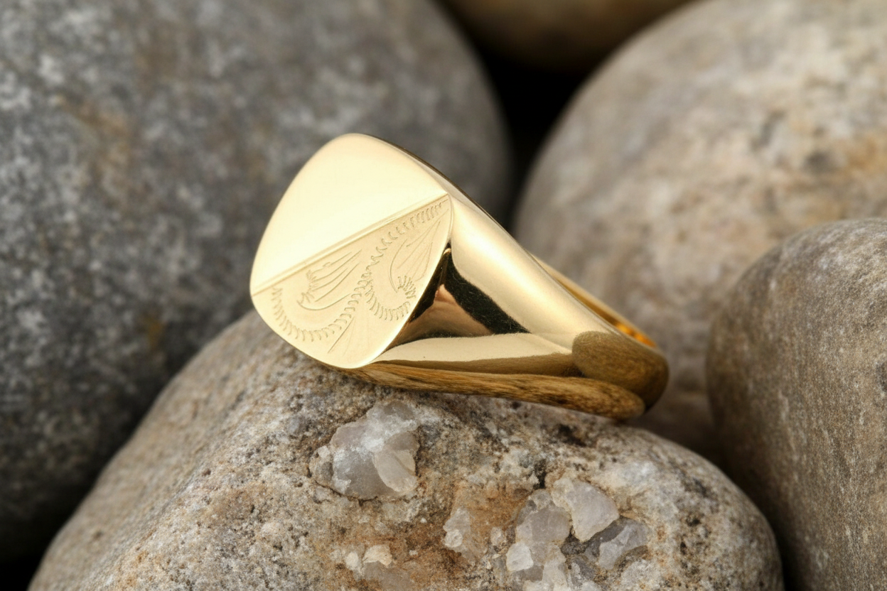 Yellow Gold Cushion Signet Ring Medium Weight Men's 9K Hallmarked British Made