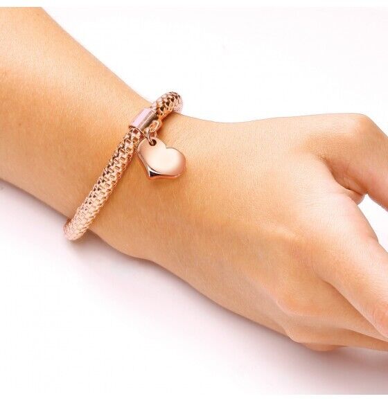 Rose Gold Mesh Heart Bracelet on Solid Sterling Silver Luxurious Packaging