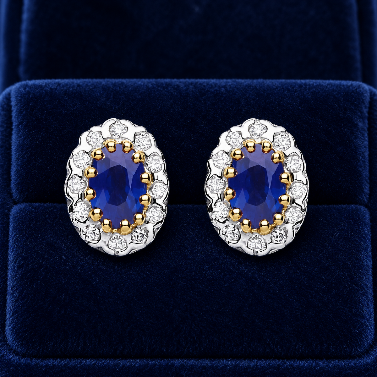 Sapphire and Diamond Earrings 9ct Yellow Gold Oval Studs Real Mined Stones