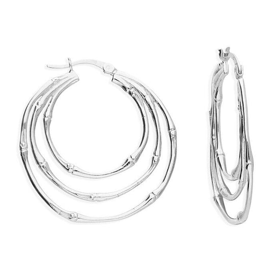 Hoop Earrings Triple Bamboo Style Creole Silver Hoops 30mm 925 Sterling Silver