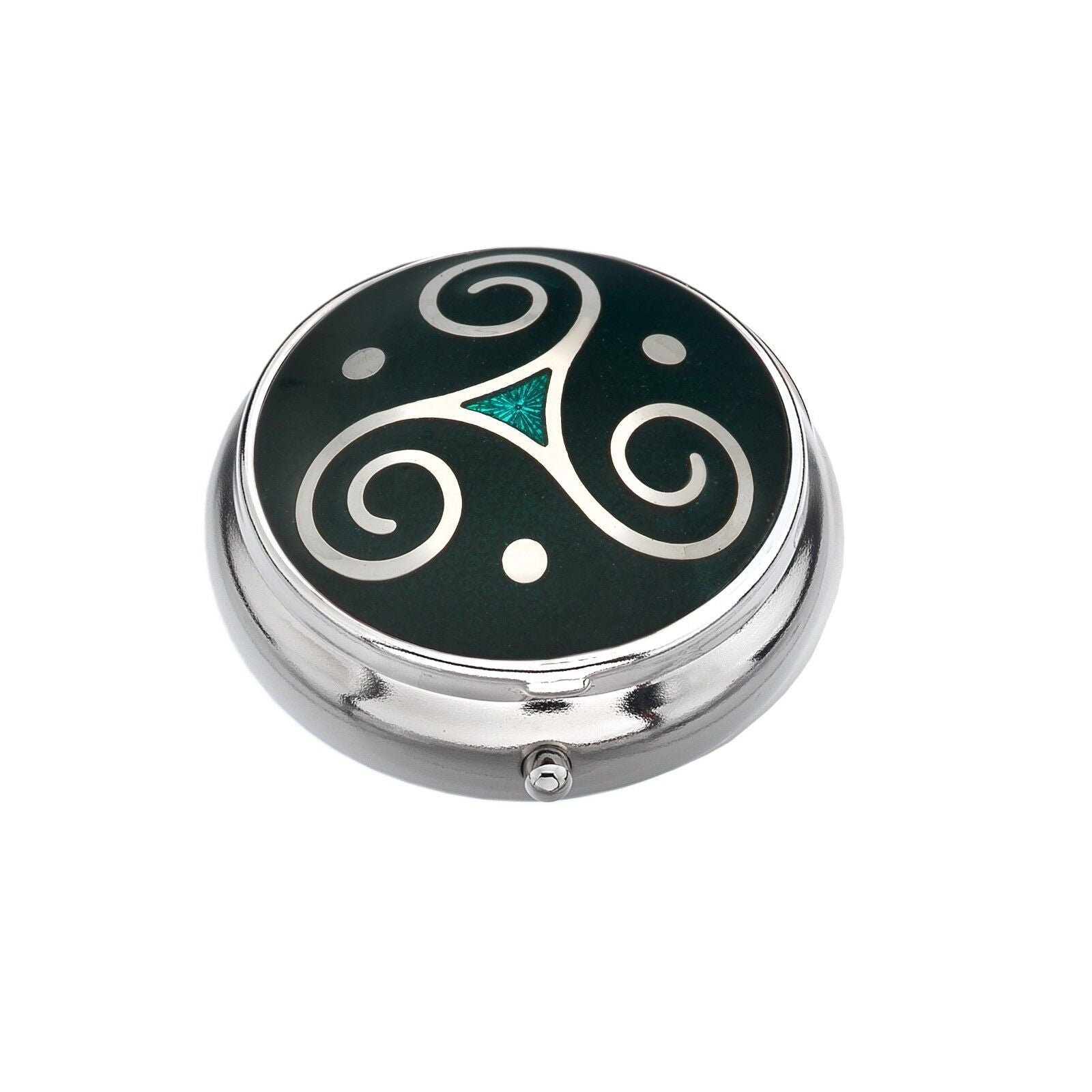 Pillbox Silver Plated Triskele Celtic Green Brand New and Boxed
