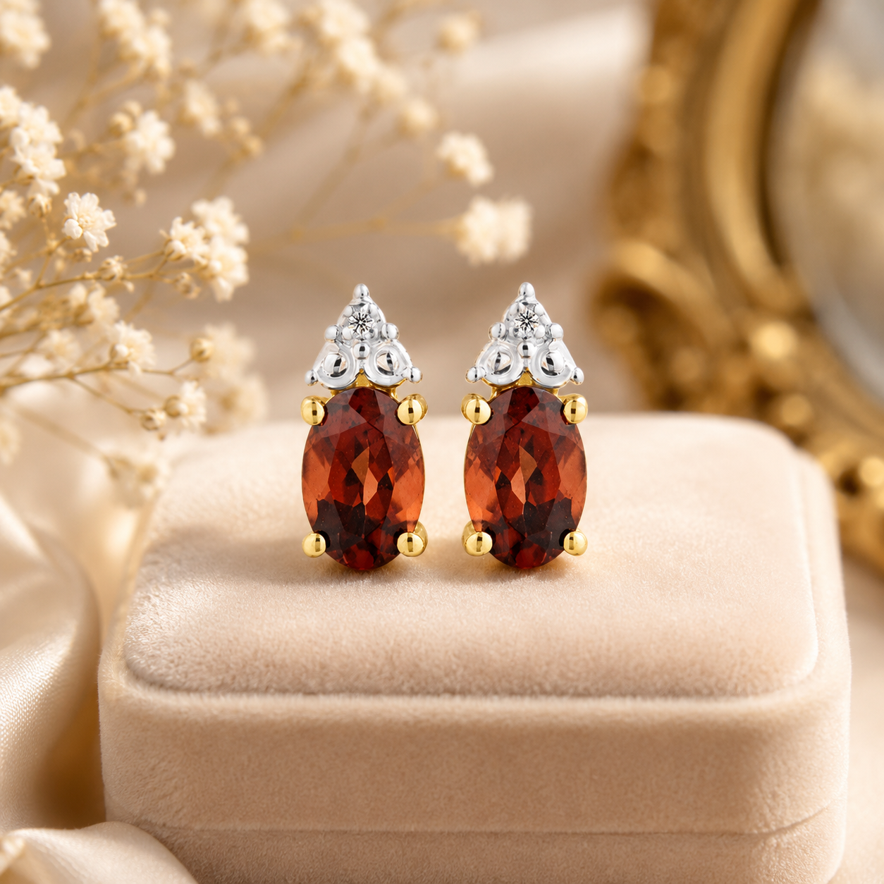 Yellow Gold Natural Garnet & Diamond Accent Oval Stud Earrings