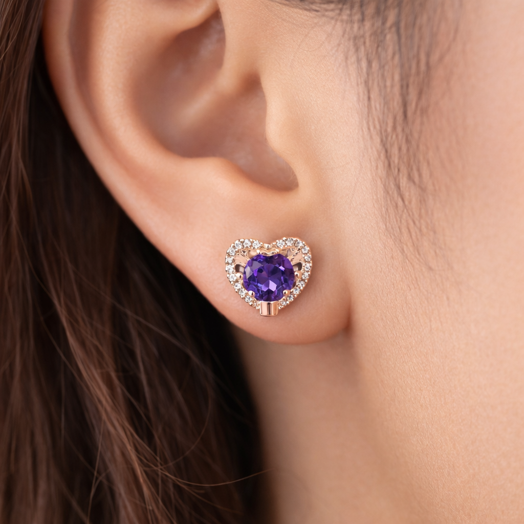 Natural Amethyst and Diamond Heart Earrings Solid 9ct Rose Gold Hallmarked