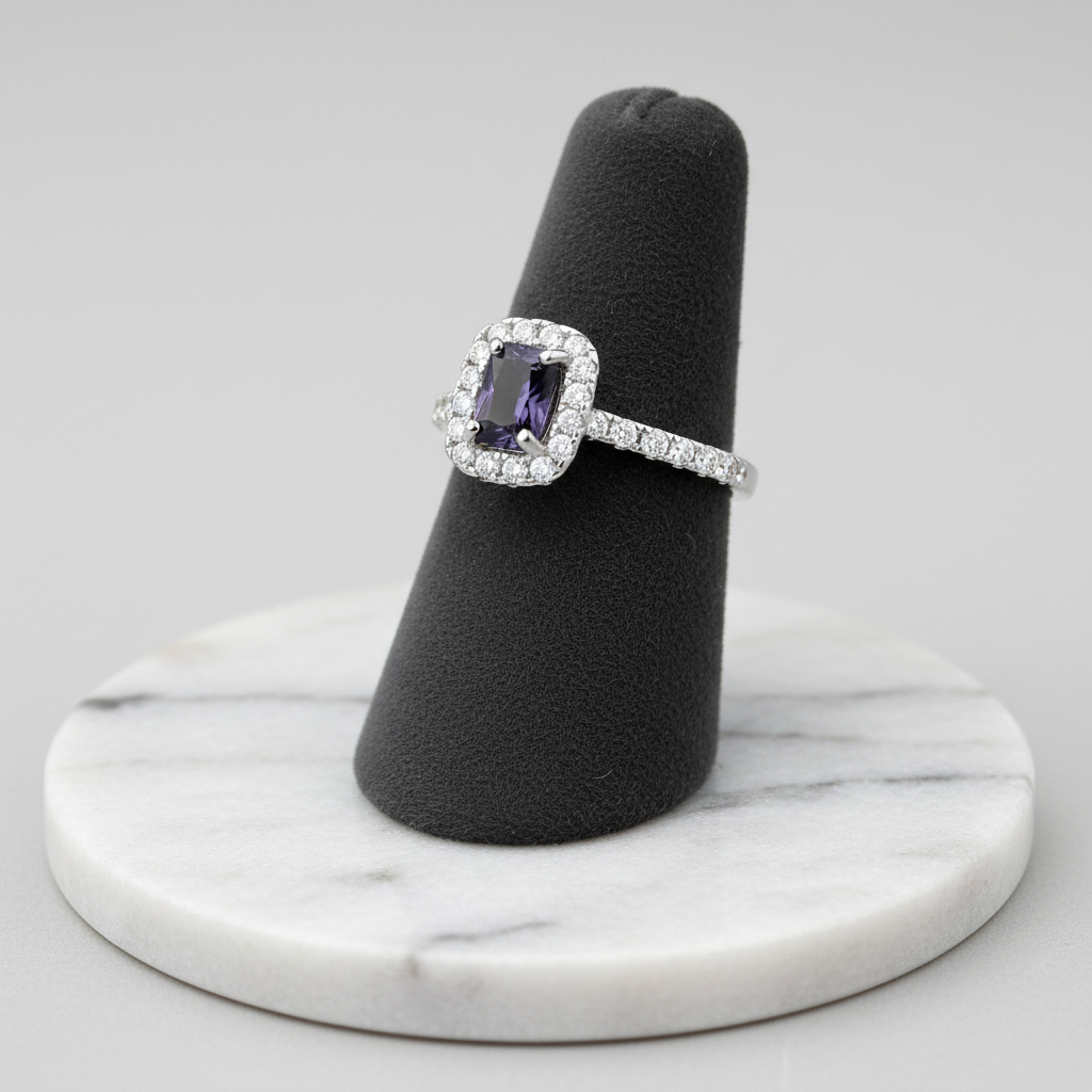 Sterling Silver Sapphire Ring Rectangular Halo Engagement 925 Hallmark Size K-S