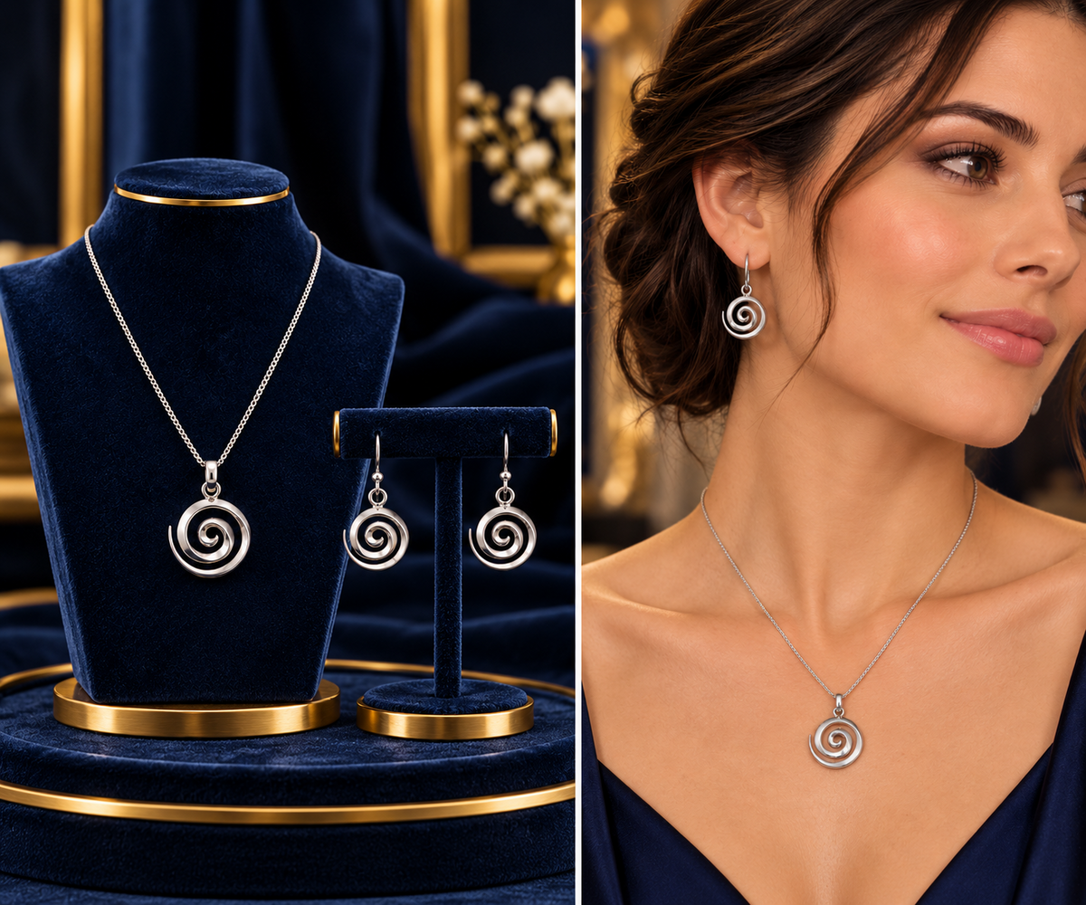 Spiral Pendant and Matching Earrings Set Solid Sterling Silver 925 18" Chain