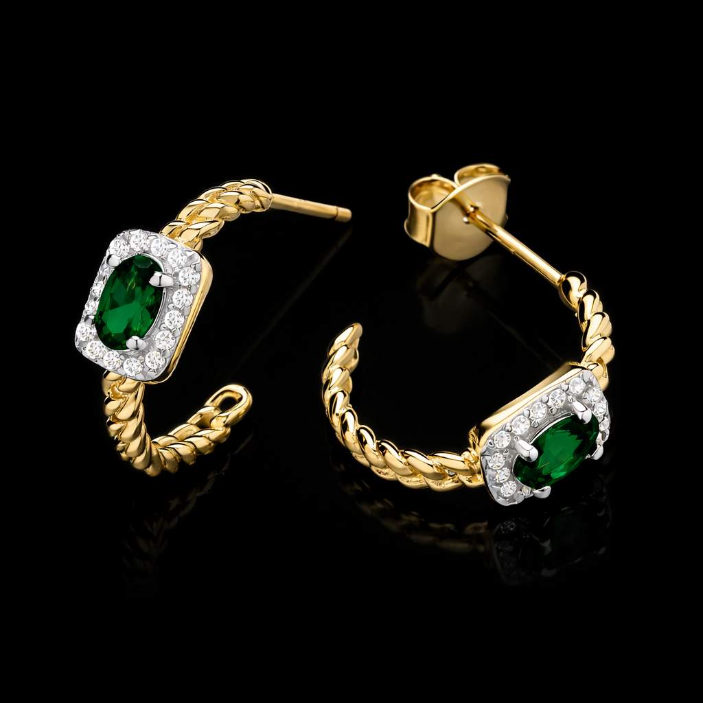 18ct Gold Emerald Hoop Earrings on Solid Sterling Silver 925 Hallmark