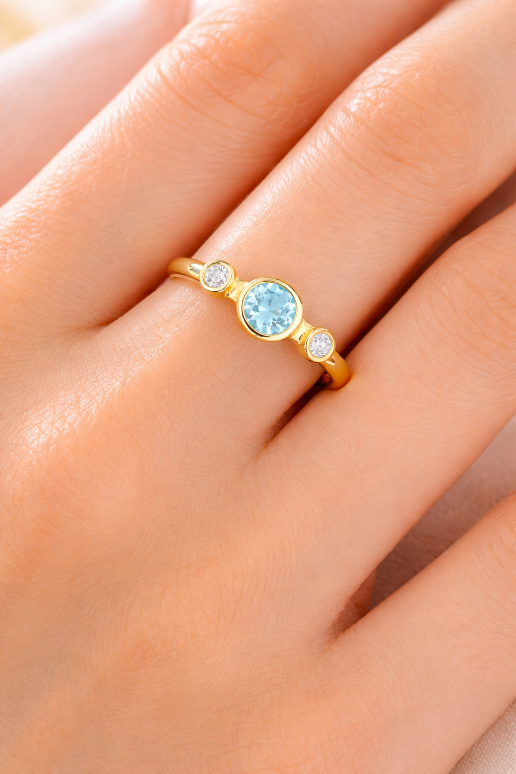 Aquamarine and Diamond Ring 9ct Yellow Gold Three Stone Trilogy Size J - Q