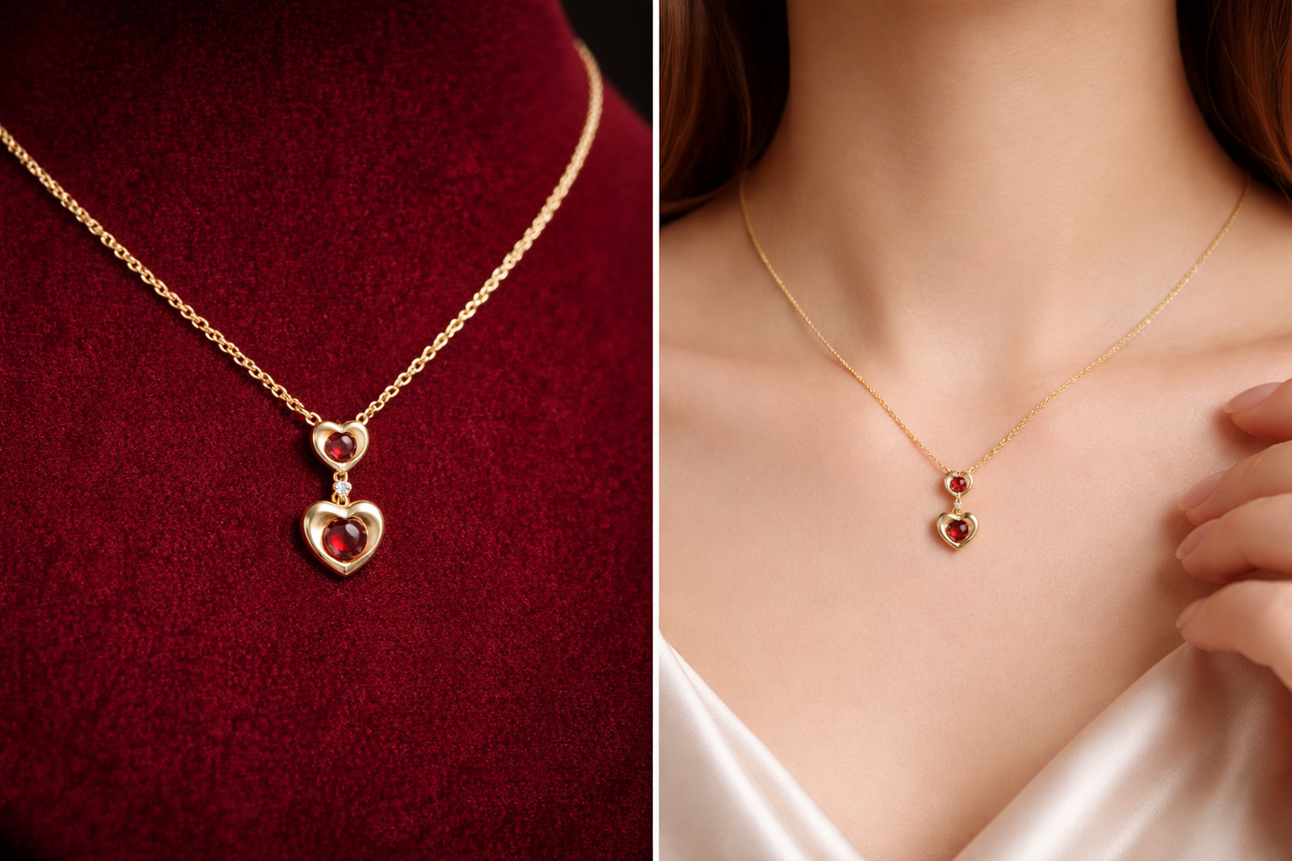 Garnet Heart Necklace With Diamond Solid Yellow Gold 18" 46cm Length Chain
