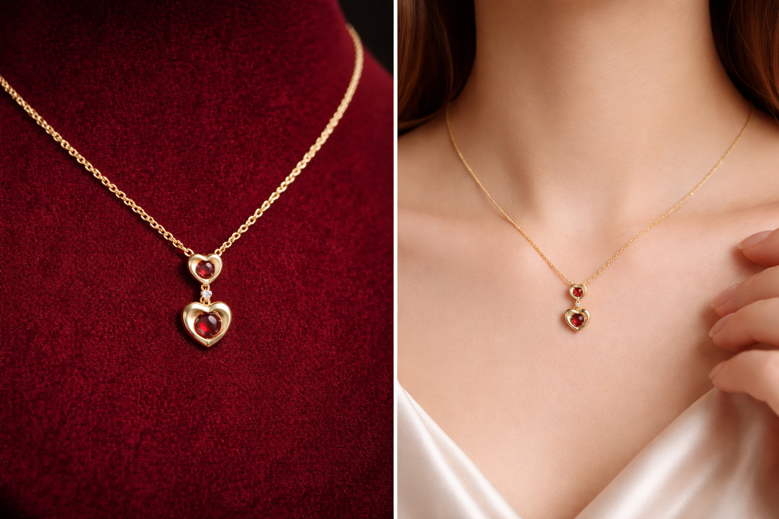 Garnet Heart Necklace With Diamond Solid Yellow Gold 18" 46cm Length Chain