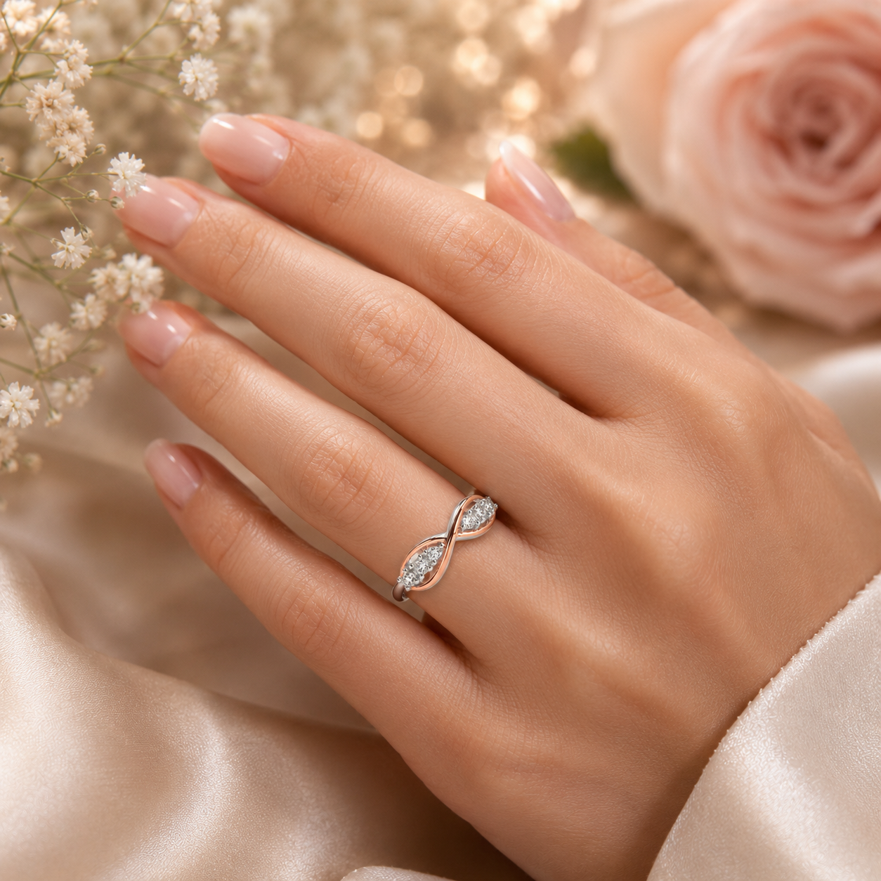Elegant Two-Tone Infinity Twist Ring in Sterling Silver & 18ct Rose Gold Finish