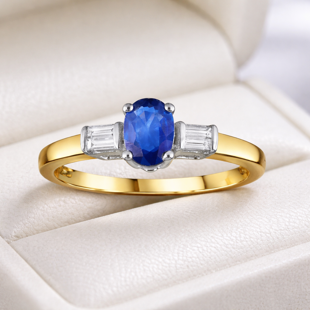 Sapphire and Baguette Diamond Ring 9ct Yellow Gold Oval Solitaire Hallmarked