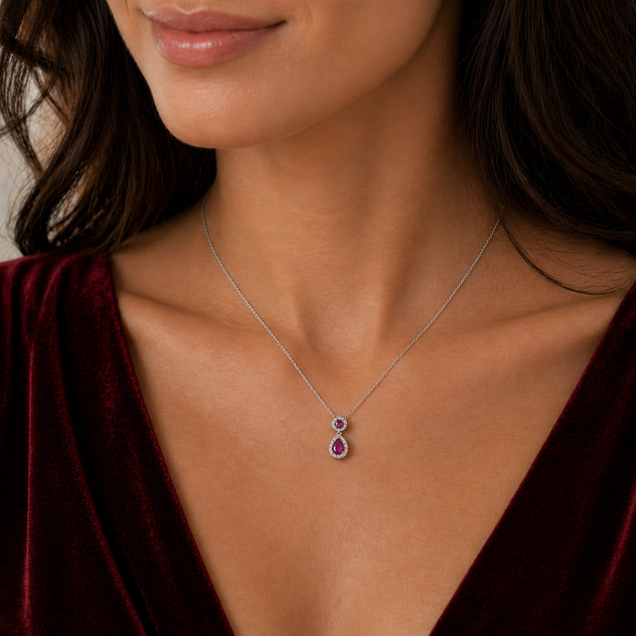 Ruby and Diamond Teardrop Pendant 9ct White Gold 18" 46cm Length Chain