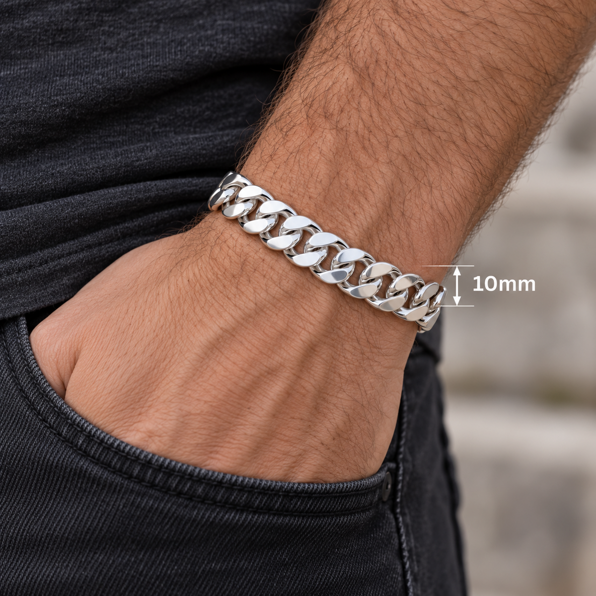 Men's Cuban Chain Bracelet Solid Silver 10mm Wide British Made Hallmarked 9"