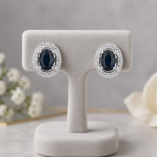 Natural Sapphire and Diamond Earrings Solid 9ct White Gold Oval Stud Hallmarked