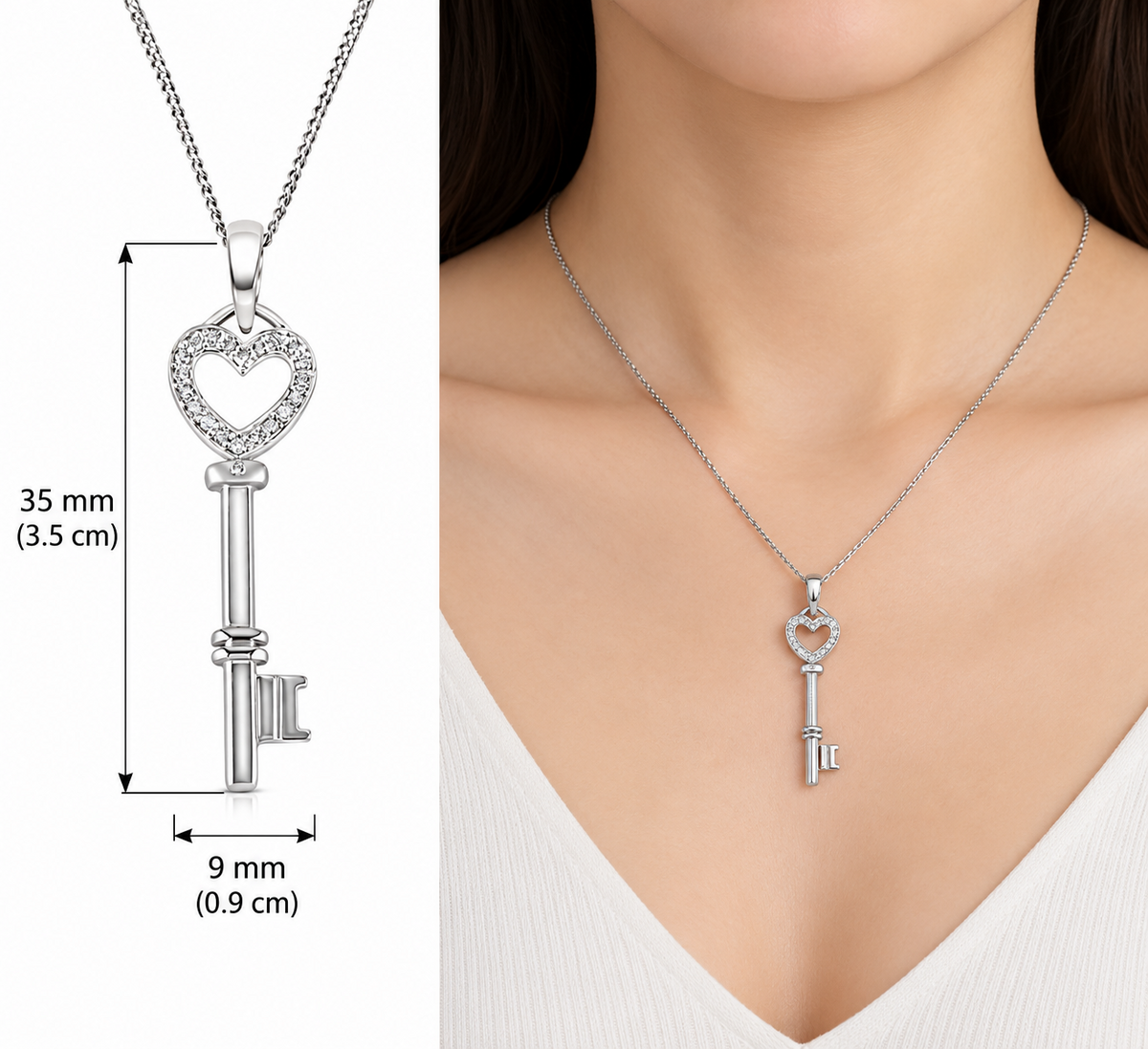 Diamond Heart Key Pendant 9ct White Gold 18" / 45cm Natural Diamonds