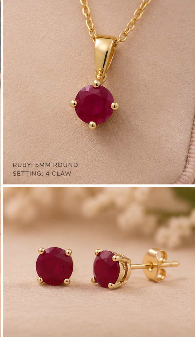 Classic Ruby Solitaire Pendant on Chain with Matching Stud Earrings Yellow Gold