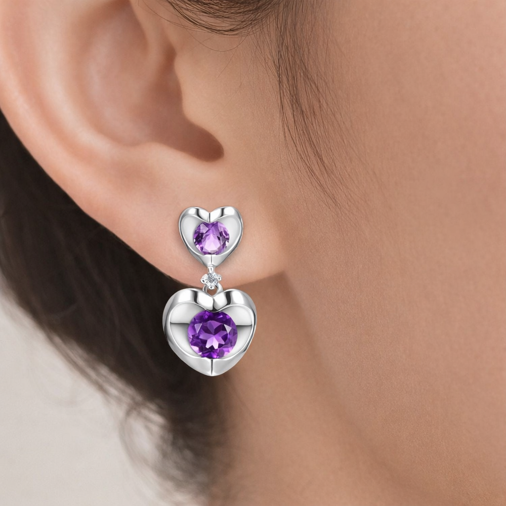 Natural Amethyst and Diamond Earrings Solid 9ct White Gold Heart Drop Hallmarked
