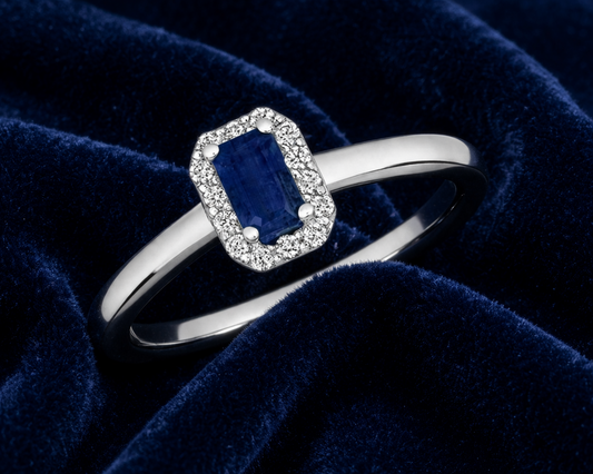 Sapphire and Diamond Ring 9ct White Gold Rectangular Cluster Size J - Q