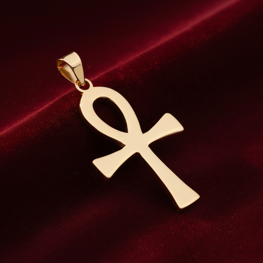 18ct Gold Ankh Cross Pendant on Solid Sterling Silver 925 Hallmark 46mm