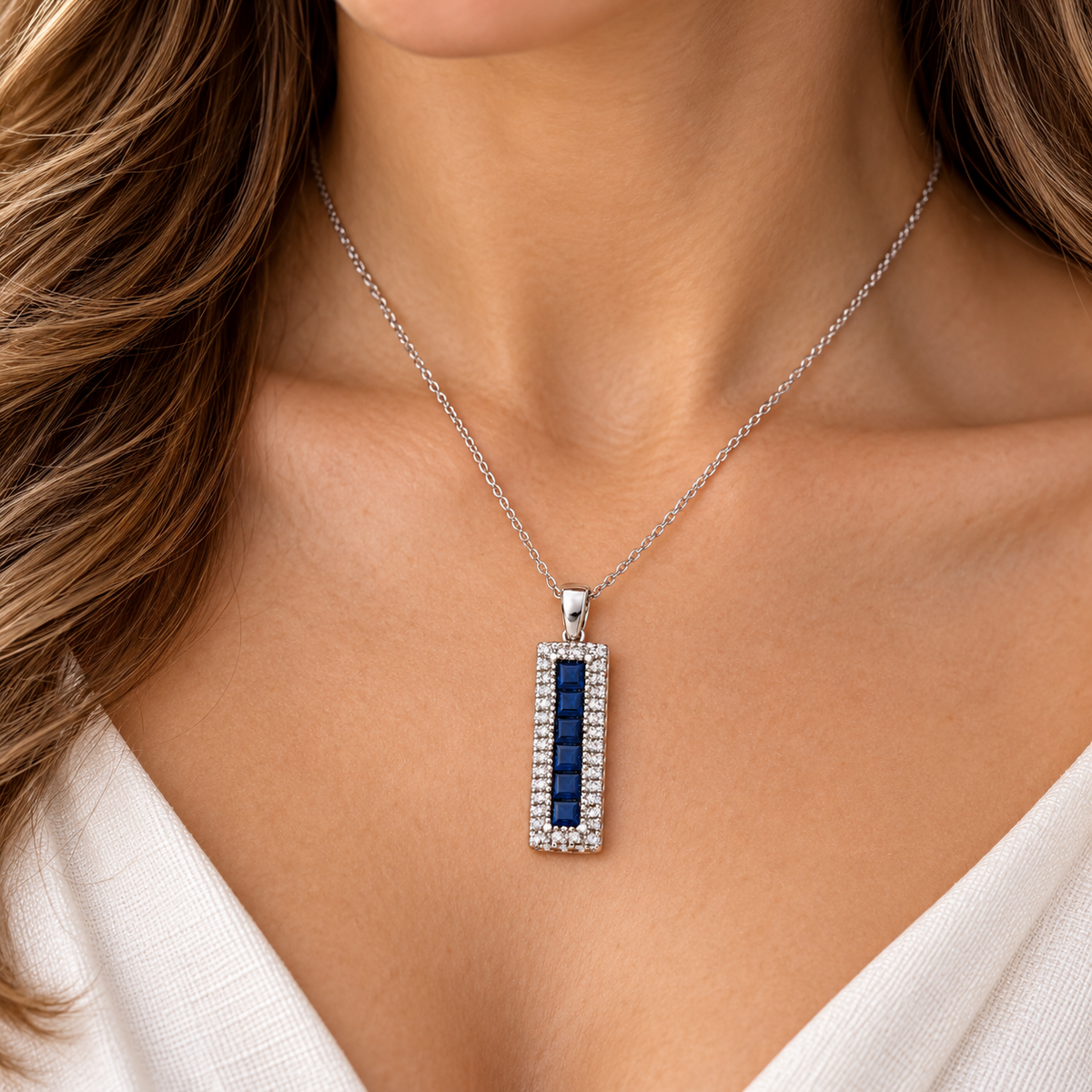 Elegant Blue Sapphire Rectangle Pendant With Real Diamonds White Gold 18" Chain
