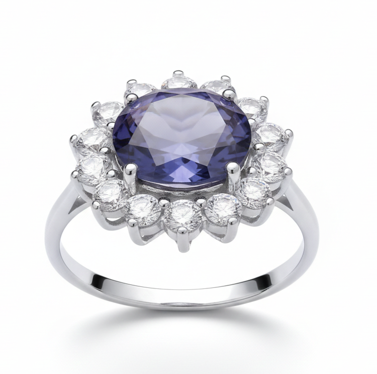 Sterling Silver Large Tanzanite Ring Cluster Engagement 925 Hallmark Size K-S