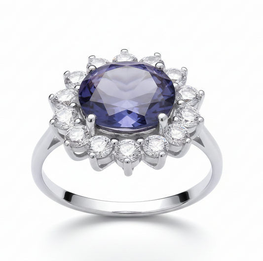 Sterling Silver Large Tanzanite Ring Cluster Engagement 925 Hallmark Size K-S
