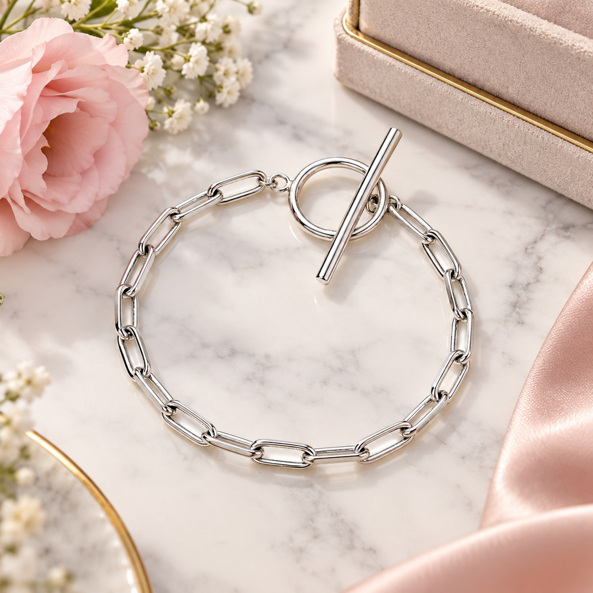 Sterling Silver Paperclip Chain Toggle Clasp Bracelet Minimalist 925 Hallmark