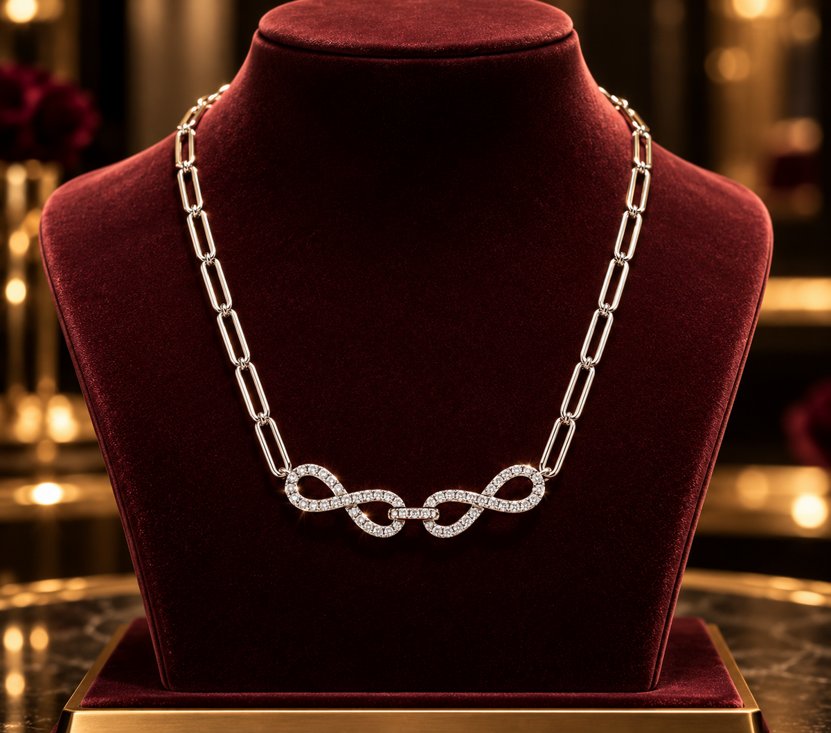 White Gold Infinity Necklace Sparkling Diamond Pendant Paperclip Chain 18"/45cm