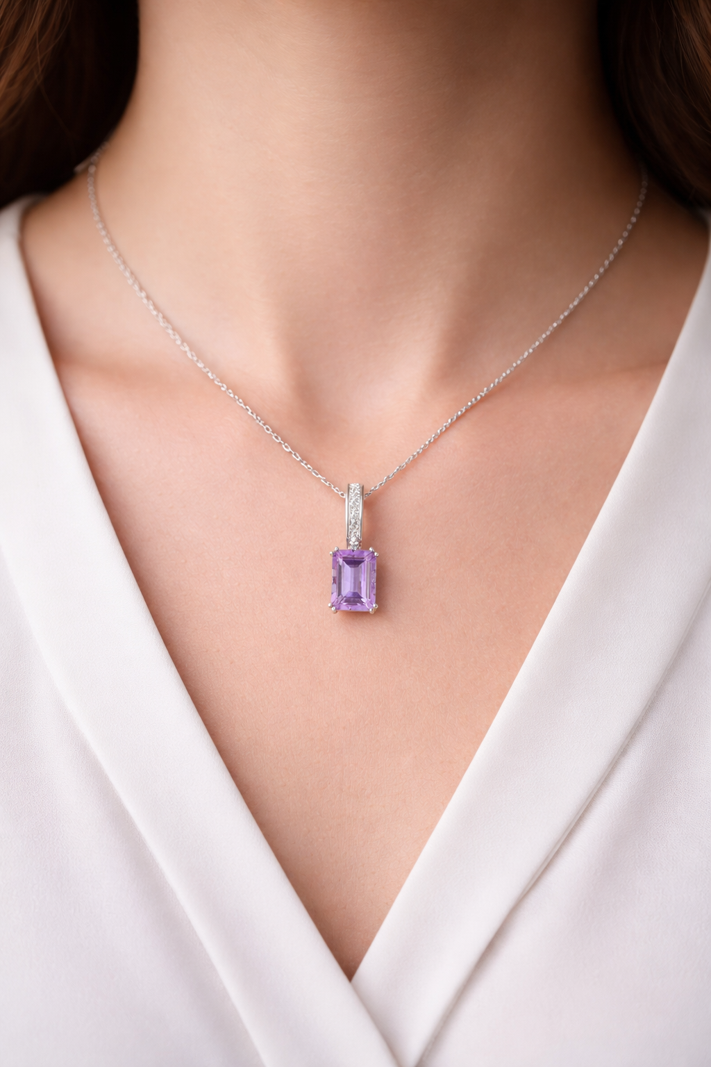 Natural Amethyst Pendant With Diamonds 9ct White Gold 18" 46cm Length Chain