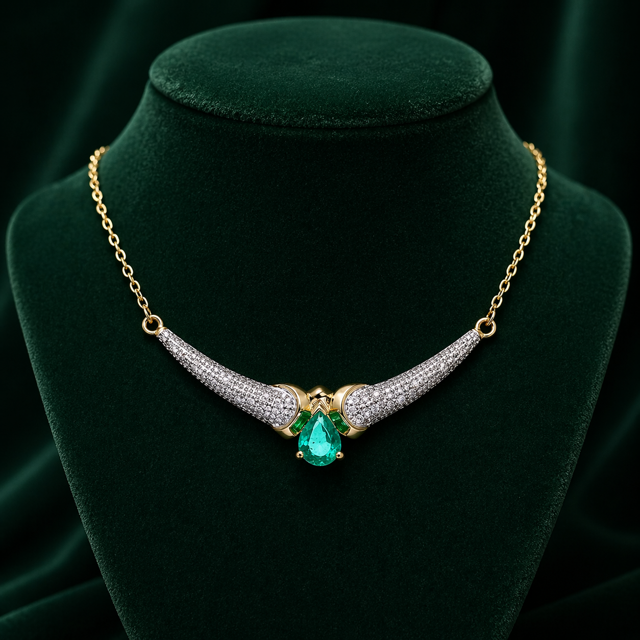 Natural Emerald Teardrop Necklace With Diamond Yellow Gold 16.5" 42cm Length