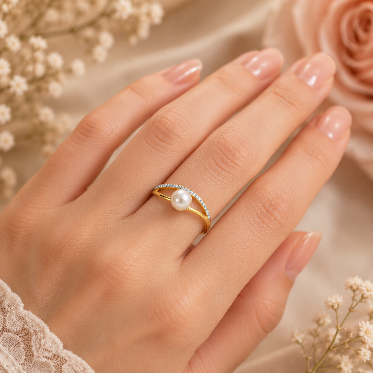 Yellow Gold Freshwater Pearl Ring with Diamond Pavé Crossover Design