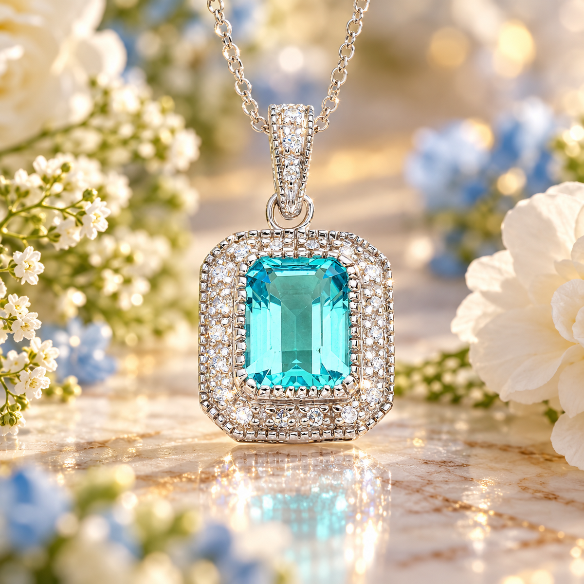 Blue Topaz Emerald Cut Halo Pendant With Real Diamonds White Gold 18" Chain