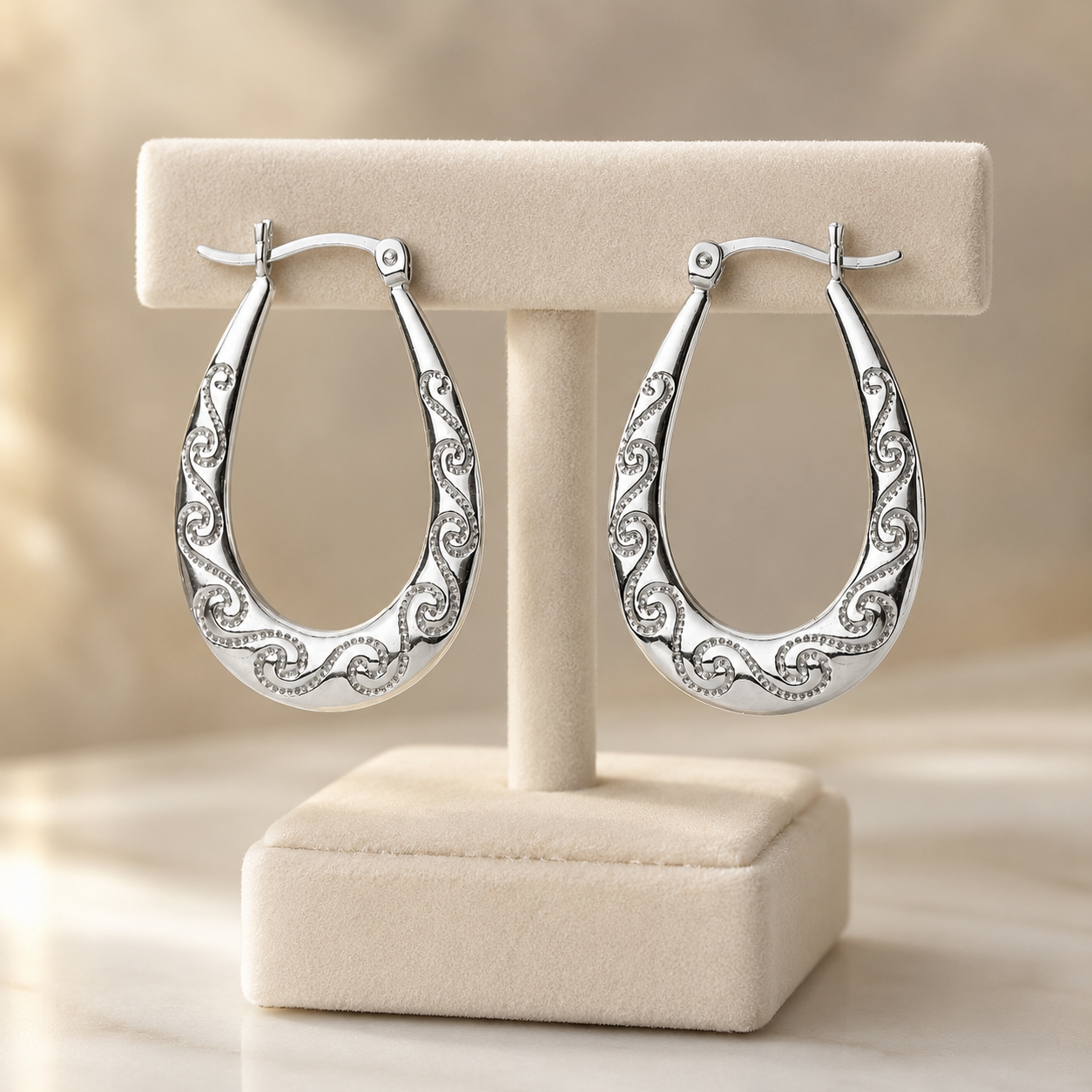 Filigree Oval Creole Hoop Earrings Sterling Silver 32mm 925 Hallmark