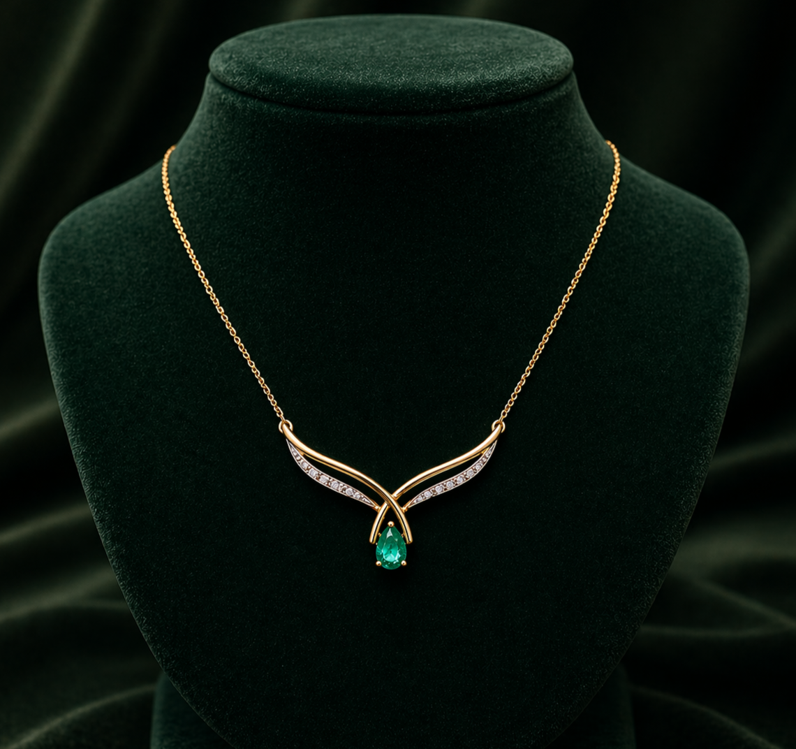 Natural Emerald Teardrop Necklace With Diamond Yellow Gold 16.5" 42cm Length